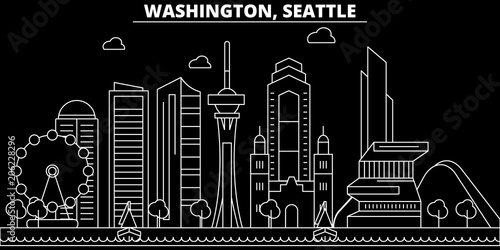 Seattle silhouette skyline. USA - Seattle vector city, american linear architecture, buildings. Seattle line travel illustration, landmarks. USA flat icons, american outline design banner