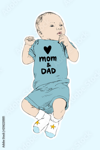 Sketch of happy baby boy. Hand drawn vector line art illustration isolated on blue background. Newborn in a coverall with an inscription Love mom and dad. Family concept. Kids concept