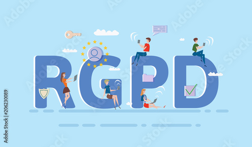 People using mobile gadgets and internet devices among big RGPD letters. GDPR, RGPD, DSGVO. Concept vector illustration. Flat style. Horizontal. photo