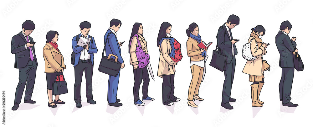 Illustration of people standing waiting in registration shopping public transport line