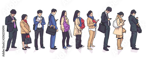 Illustration of people standing waiting in registration shopping public transport line