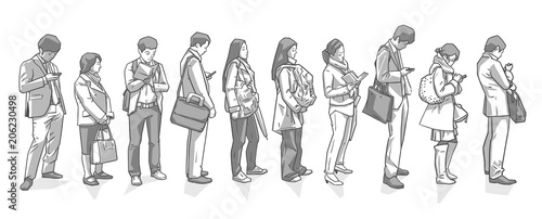 Illustration of people standing waiting in registration shopping public transport line