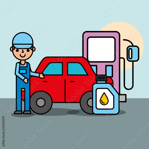 worker pump gasoline station engine oil car service vector illustration