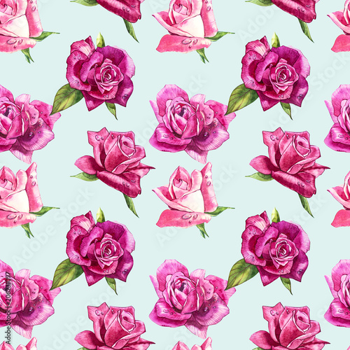 Natural pink roses background. Seamless pattern of red and pink roses, watercolor illustration. © asetrova