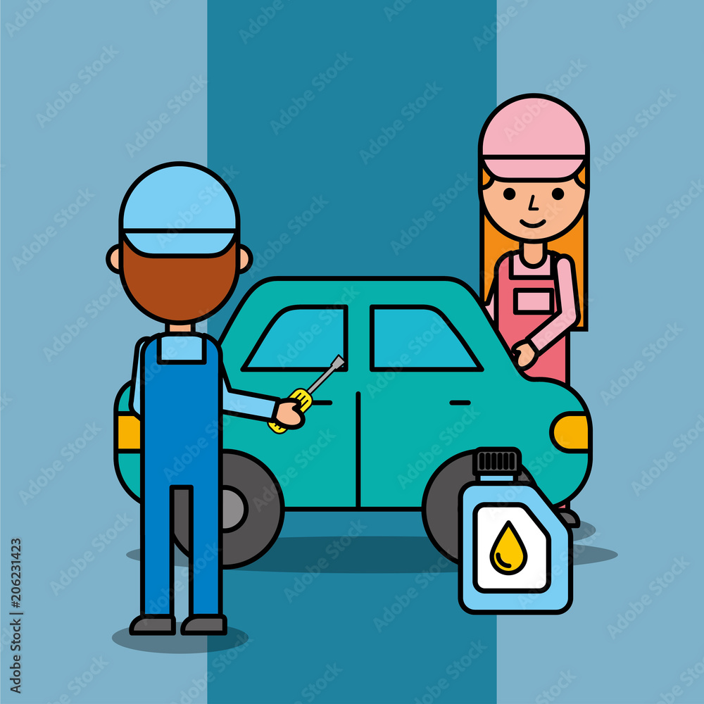 car mechanic boy and girl working in auto repair service vector illustration