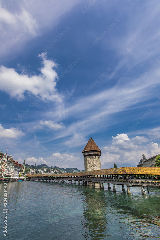 Chapel bridge and Water tower on Reuss river in Lucerne
