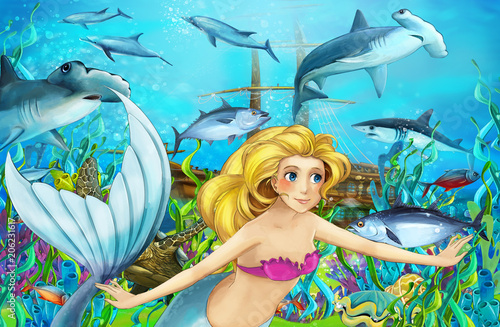 cartoon scene with mermaid diving near sunken ship - illustration for children