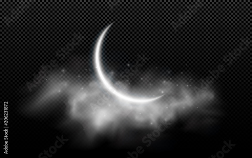 Realistic moon month with clouds isolated on a transparent background. Starry cloud. Dark night. Muslim holiday Ramadan Kareem. Glowing milk moon. Vector illustration
