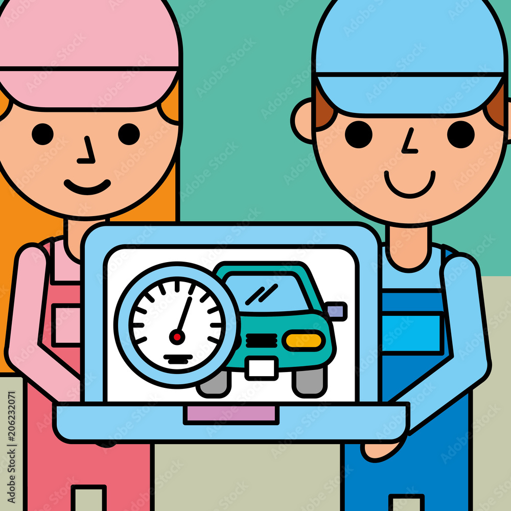 mechanic girl and boy diagnostic technology car service vector illustration