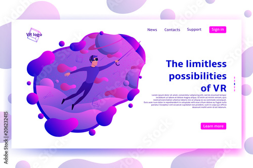 Web page with VR concept. Vector illustration with man flying in cyberspace. Virtual reality concept.