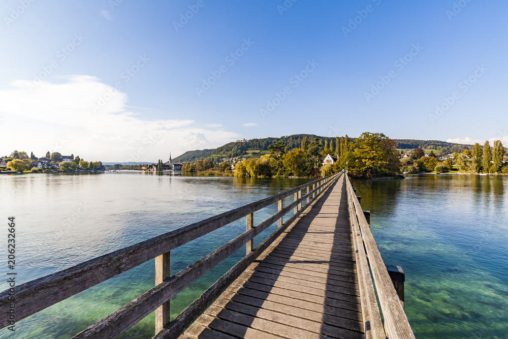 Switzerland, Thurgau, Lake Constance, Rhine river, View to Island Werd, footbridge Switzerland, Thurgau, Lake Constance, Rhine river, View to Island Werd, footbridge