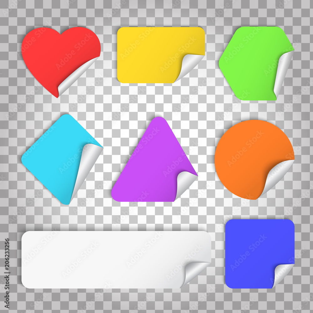 Color paper sticker with curl and shadow in different shape Color paper sticker with curl and shadow in different shape