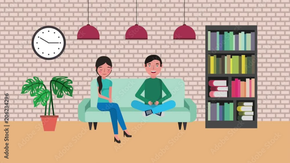 young man and woman sitting on sofa library bookshelf and books clock animation hd young man and woman sitting on sofa library bookshelf and books clock animation hd