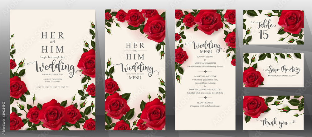 Fototapeta Wedding Invitation card templates with realistic of beautiful flower on background color.