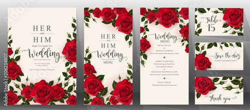  Wedding Invitation card templates with realistic of beautiful  flower on background color. 
