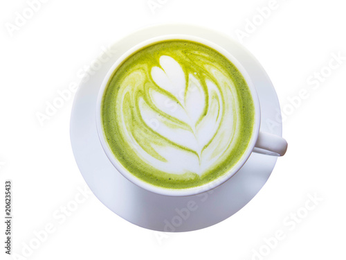 A cup of matcha green tea latte art isolated on white background. Top view.