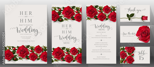  Wedding Invitation card templates with realistic of beautiful  flower on background color. 