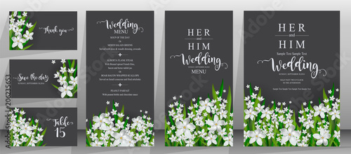  Wedding Invitation card templates with realistic of beautiful  flower on background color. 