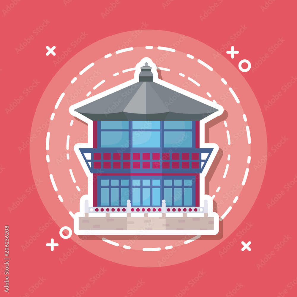 Asia iconic and traditional building icon over red background, colorful line design. vector illustration