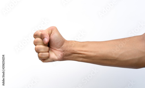 Male clenched fist with blood veins represents the strength isolated on white background with clipping path. photo