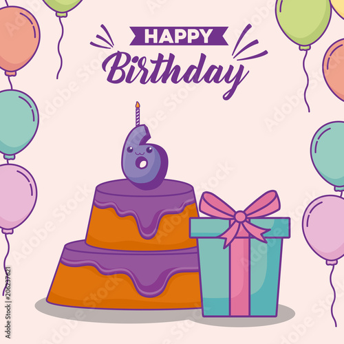 happy birthday design with birthday cake and gift box over white background  colorful design. vector illustration