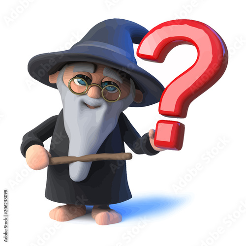 Vector 3d Funny cartoon wizard magician points his wand at a question mark symbol