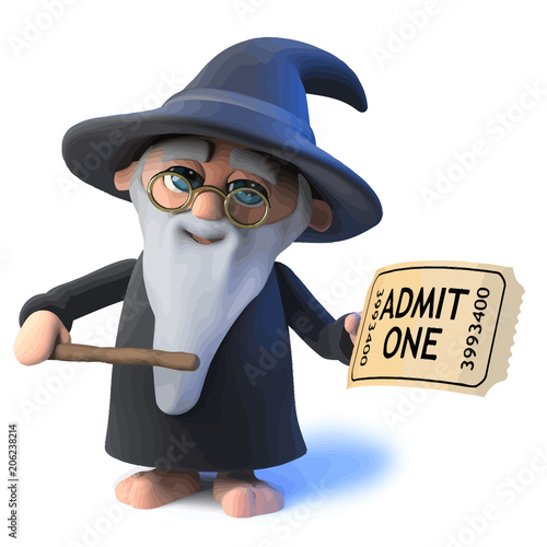 Vector 3d Funny cartoon wizard magician has a ticket to the show