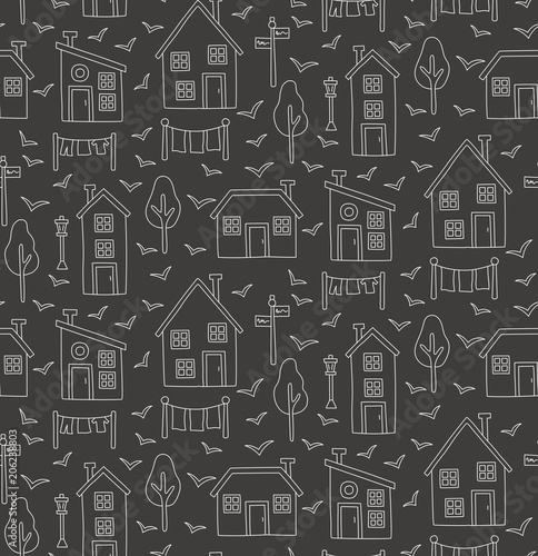 Village houses doodle line seamless vector pattern