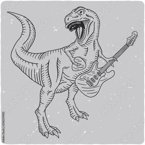 Isolated black and white illustration with tyrannosaurus playing on electric guitar