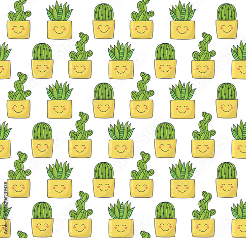 Smily cactus colorful cute seamless vector pattern