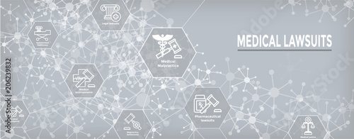 Medical Lawsuits with Pharmaceutical, negligence, & medical malpractice icon set