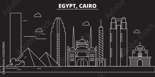 Cairo silhouette, skyline. Egypt - Cairo vector city, egyptian linear architecture, buildings. Cairo line travel illustration, landmarks. Egypt flat icon, egyptian outline design banner