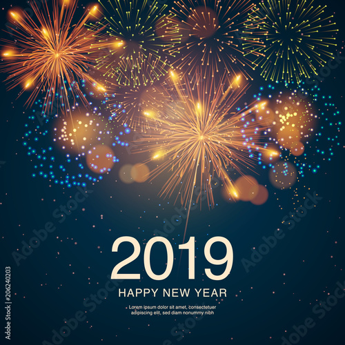 The year 2019 displayed with fireworks and strobes. New year and holidays concept.