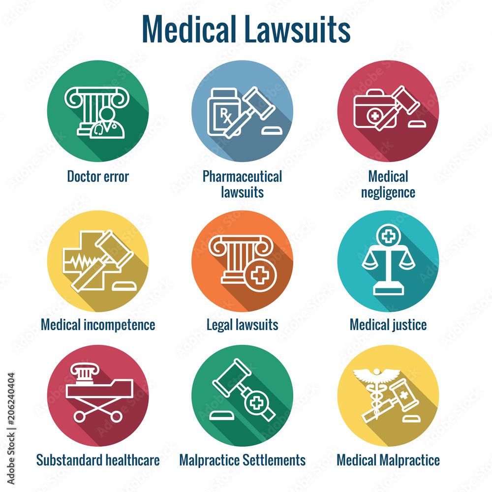 Medical Lawsuits with Pharmaceutical, negligence, & medical malpractice icon set Medical Lawsuits with Pharmaceutical, negligence, & medical malpractice icon set