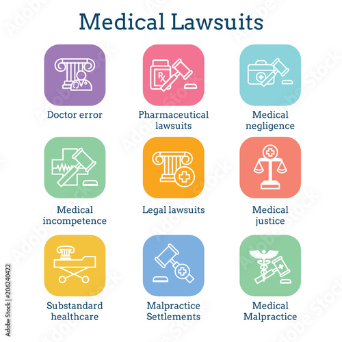 Medical Lawsuits with Pharmaceutical, negligence, & medical malpractice icon set