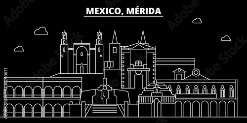 Merida silhouette skyline. Mexico - M rida vector city, mexican linear architecture, buildings. M rida travel illustration, outline landmarks. Mexico flat icons, mexican line design banner photo