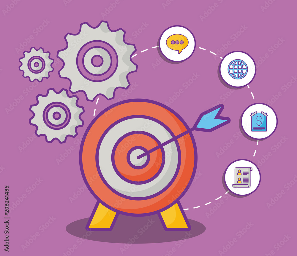 target and gear wheels with online marketing related icons over purple background, colorful design. vector illustration target and gear wheels with online marketing related icons over purple background, colorful design. vector illustration