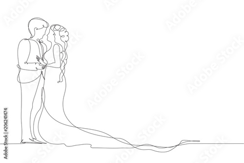 Bride and groom. Couple in love. Wedding. A man and a woman look at each other. Drawing a continuous line.