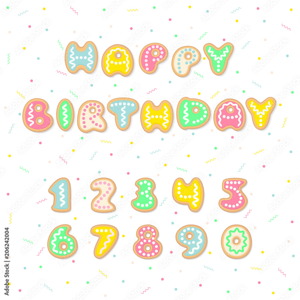 Happy Birthday greeting card with cartoon cookies letters forming the words and editable numbers