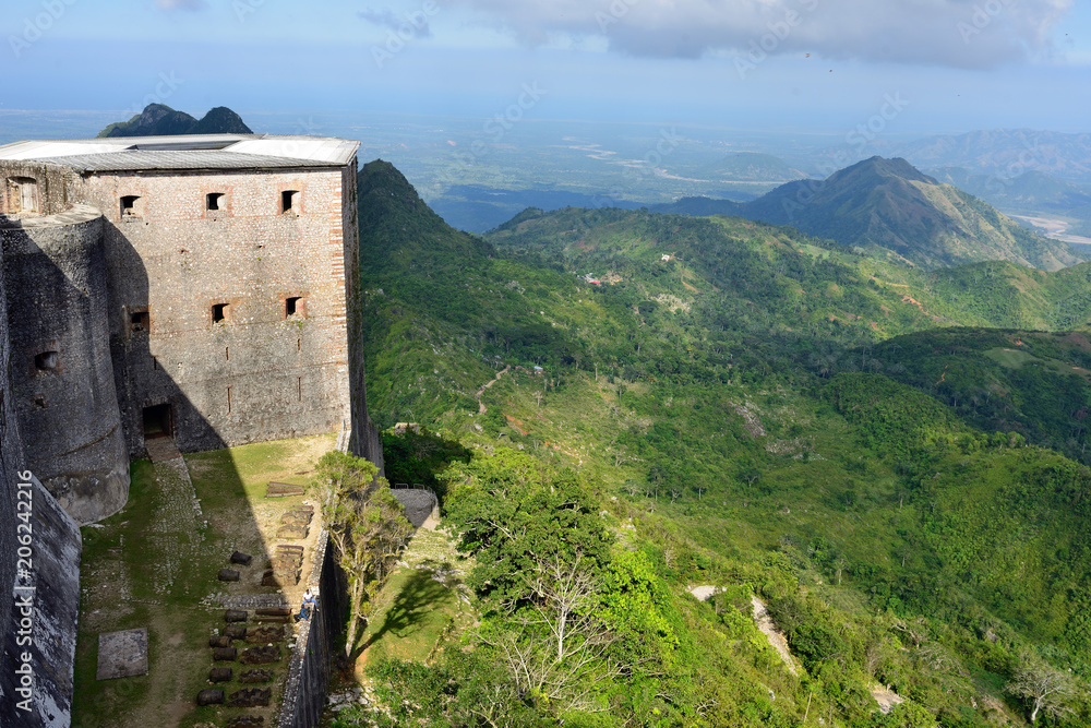 Mountain range over Haiti and remains of the French Citadelle la ferriere built on the top of a mountain, Haiti UNESCO.