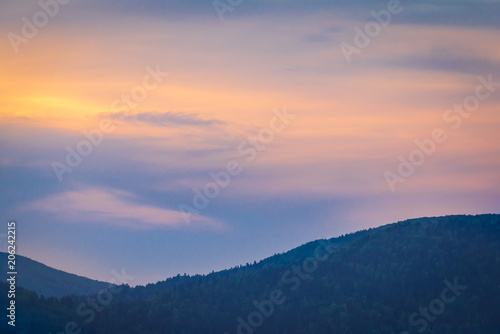 Sunset over hills of Bieszczady Mountains National Park in Poland