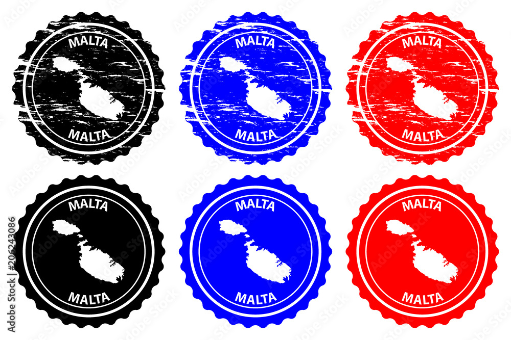 Malta - rubber stamp - vector, Republic of Malta map pattern - sticker - black, blue and red