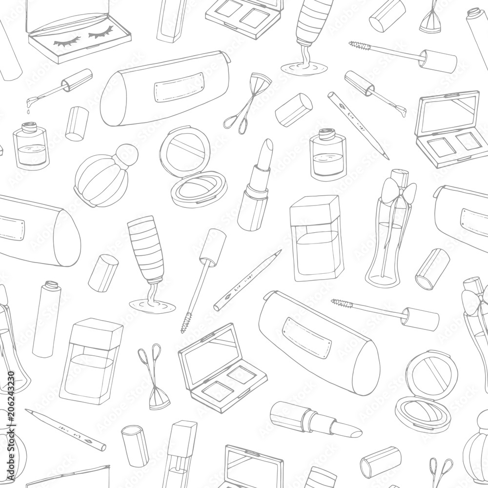 Vector cosmetics seamless pattern with bottles, lacquer, lipstick, eye shadows, mascara and powder on the white background. Hand drawn makeup products outline. Vector cosmetics seamless pattern with bottles, lacquer, lipstick, eye shadows, mascara and powder on the white background. Hand drawn makeup products outline.