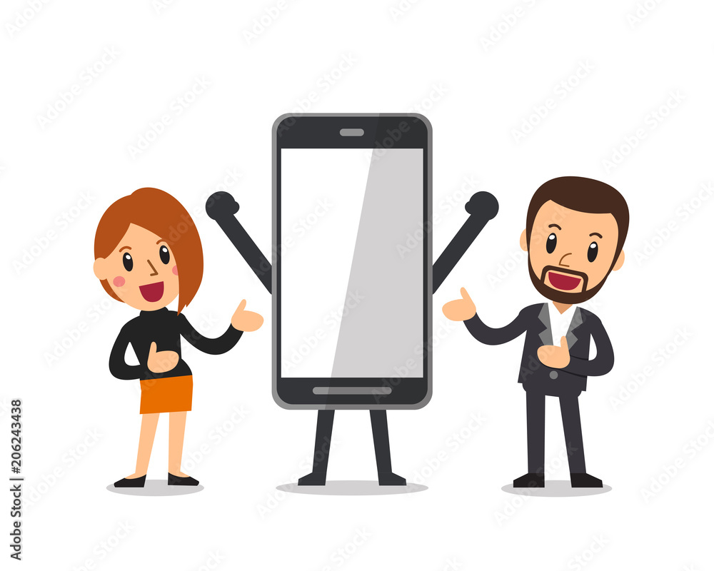 Vector cartoon businessman and woman with big smartphone Vector cartoon businessman and woman with big smartphone
