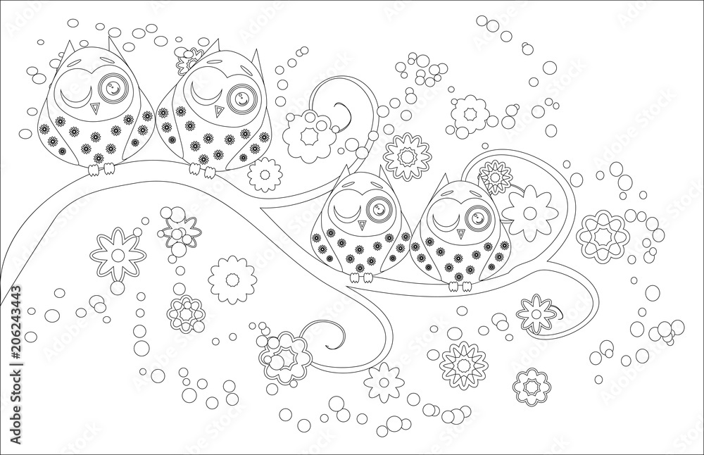 Coloring book for adult and older children. Coloring page with cute owl and flowers. Outline drawing in zentangle style