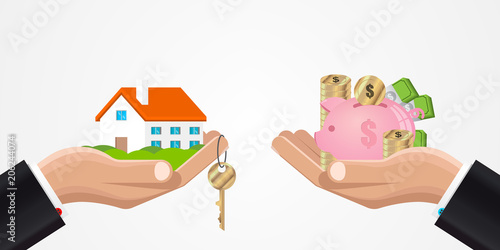 Exchange of a house for money. Creative design. Vector