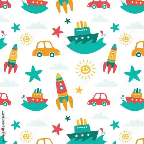 Tapety Śliczne pojazdy kolorowe wektor wzór dla dzieci, odpowiednie do dekoracji pokoju dziecięcego.