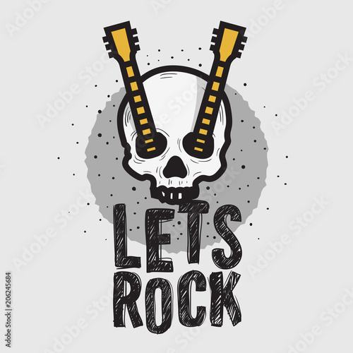 Rock Vector Design With Human Skull Bones And A Guitar.