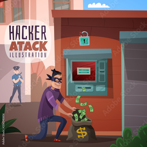 Bank Hacking Cartoon Illustration