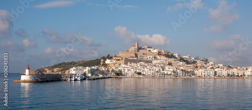 Ibiza Old Town and castle seen from across the harbor in May 2108.